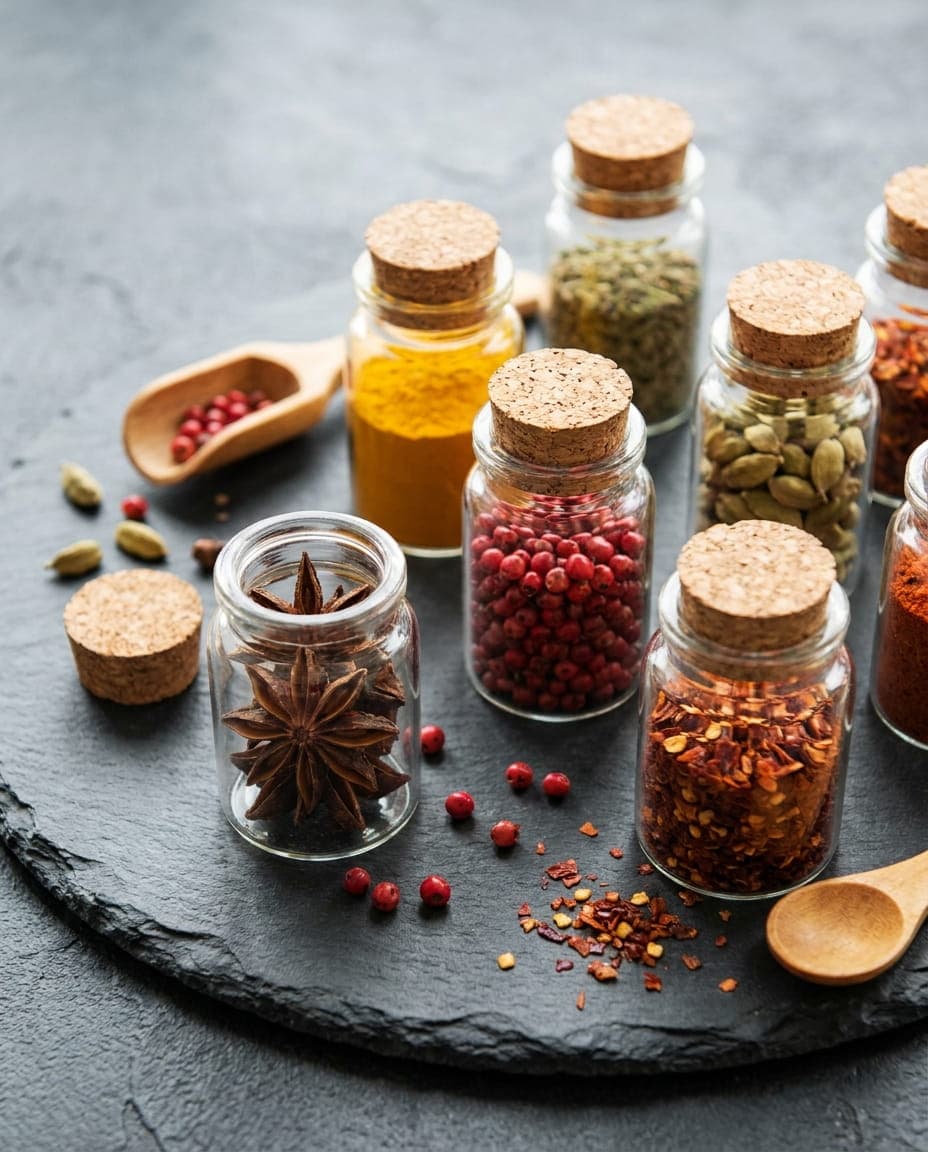 Export-grade Indian spices including turmeric, cardamom, and star anise